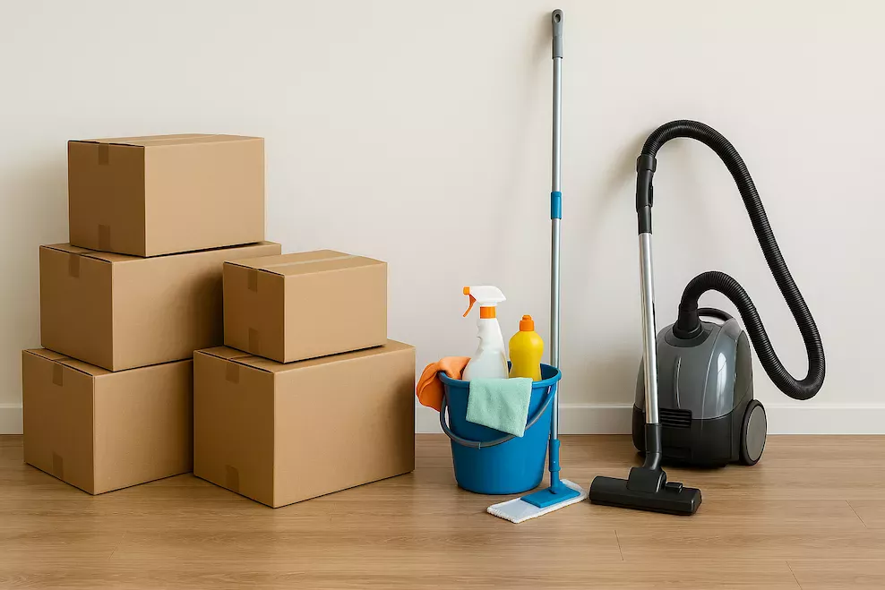 packning-stadning-sida-vid-sida Packning och städning samtidigt – flyttlådor och städutrustning sida vid sida i ett rum